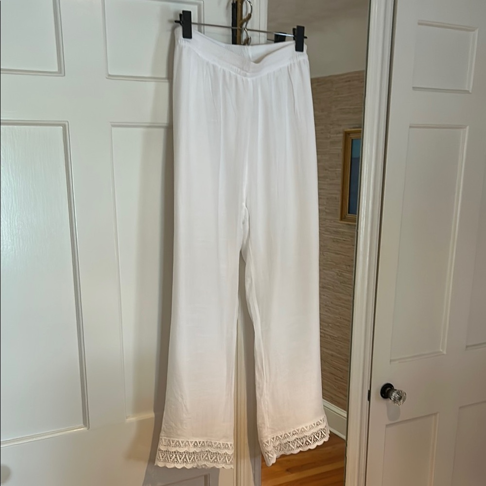 Elegant White Women's Pants with Lace Trim